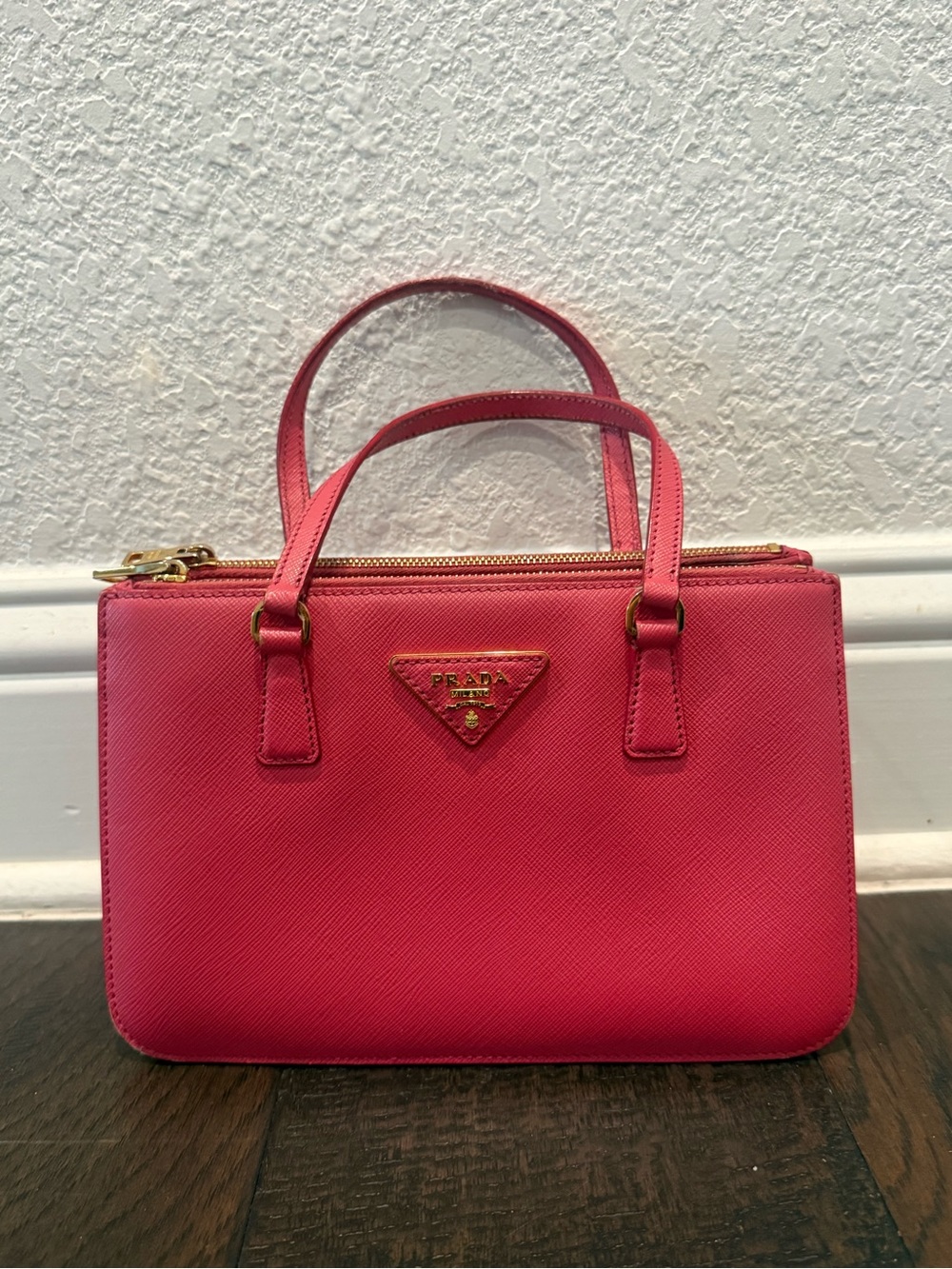 Prada Pink Saffiano Mini Satchel with Gold Hardware